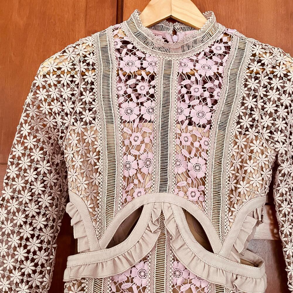 Self Portrait Payne Dress Maxi Floral Lace Cutout Long Sleeve Tan Pink Size 0 - Picture 5 of 13